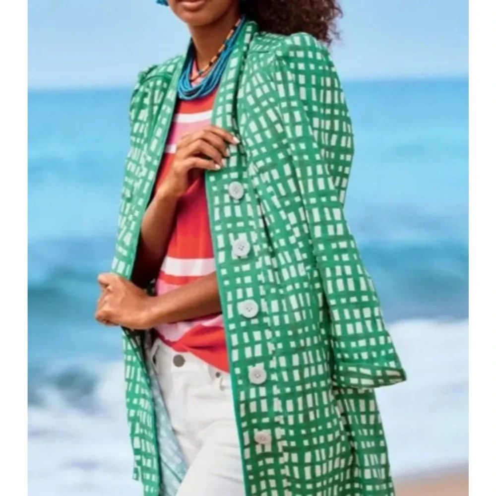 CABI Circuit Jacket Linen Blend Kelly Green & White Belted Size Large Style 6025 - Picture 7 of 16